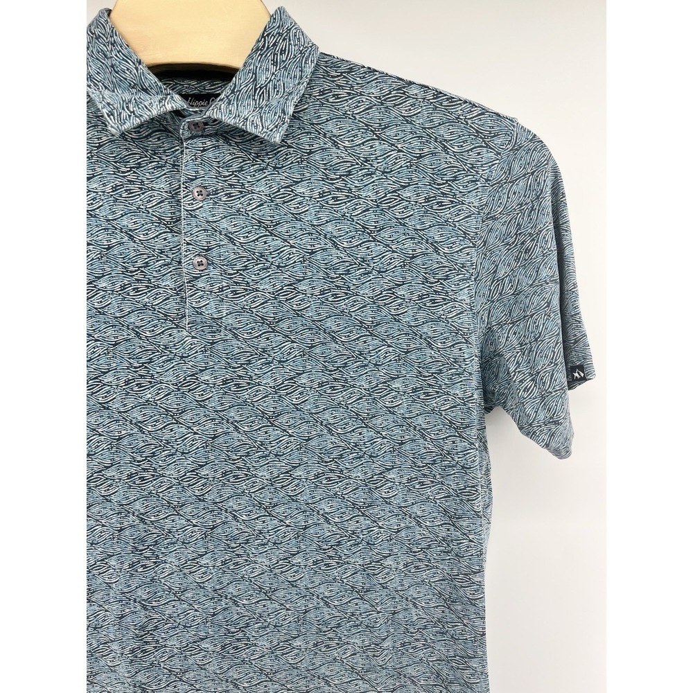 Fish Hippie Polo Shirt AOP Large Waves Stretch Aqua Blue Teal Short Sleeved